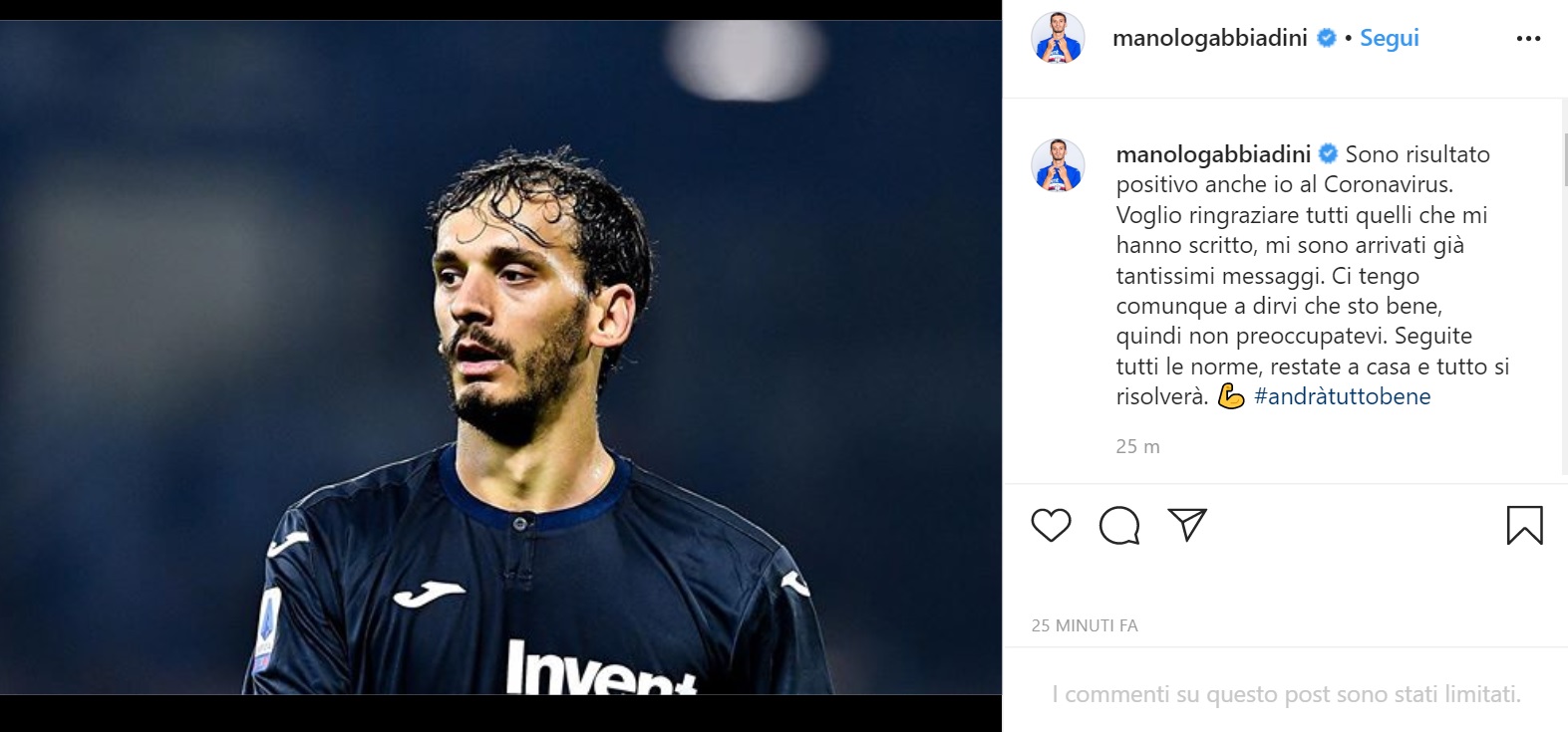 Un altro giocatore della Serie A positivo al Coronavirus: l'annuncio su Instagram 2