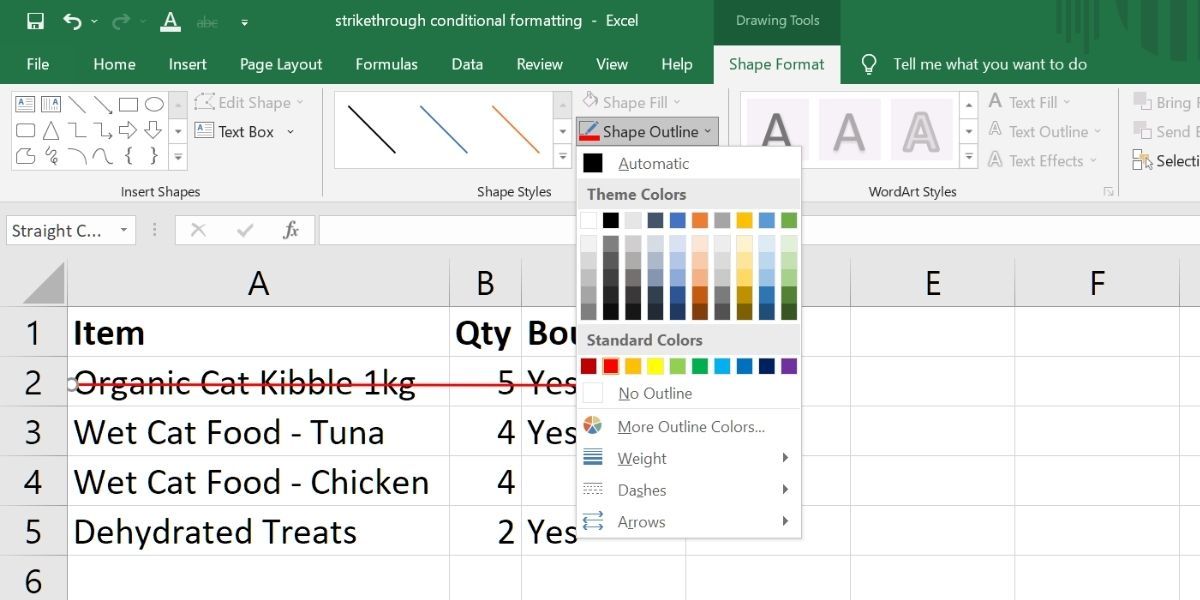 barrato con colore rosso in excel