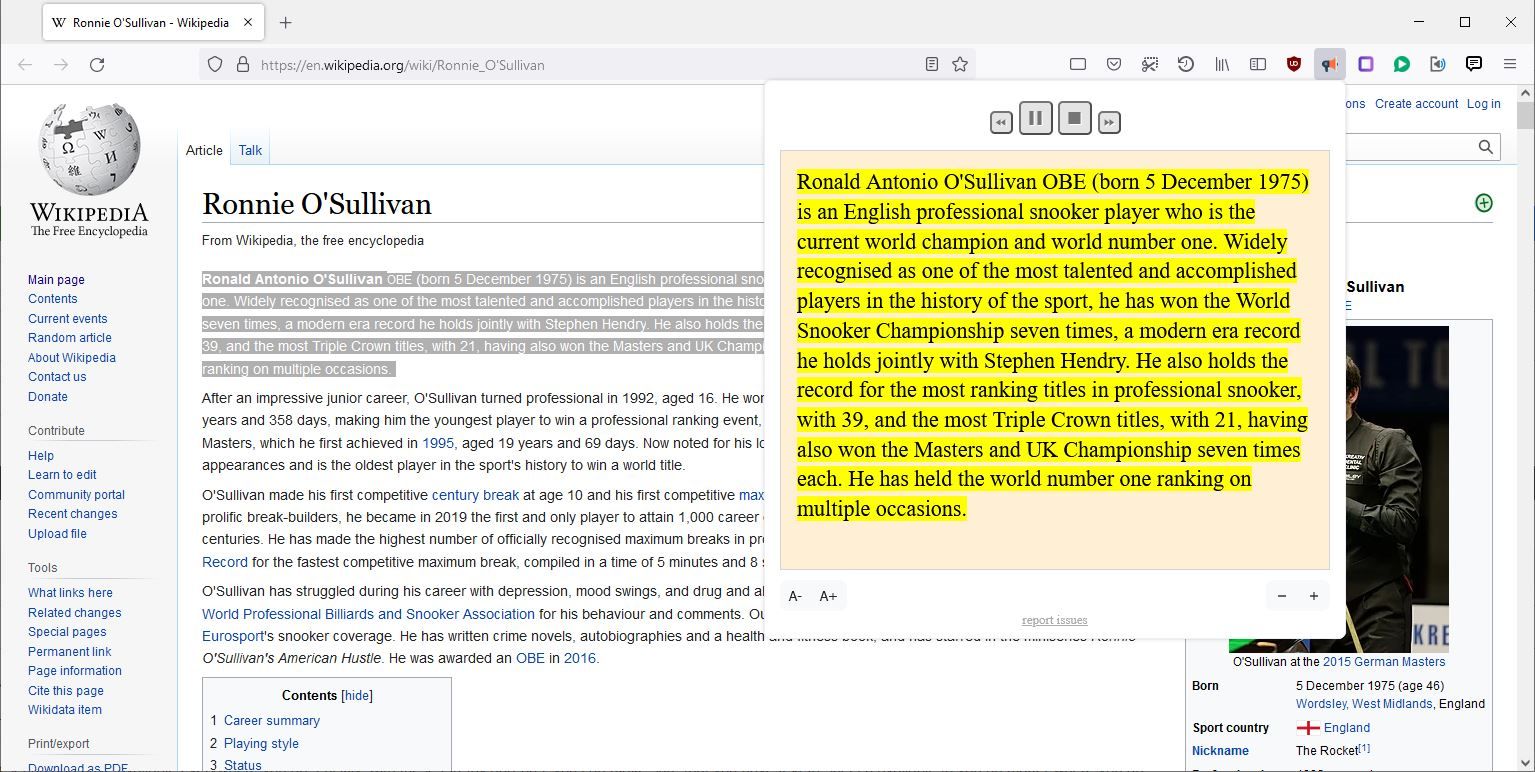 Uno screenshot della lettura ad alta voce in uso