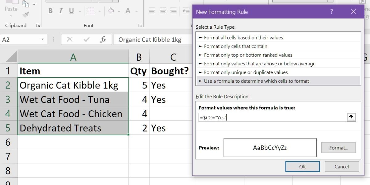 formattazione condizionale da barrare in excel