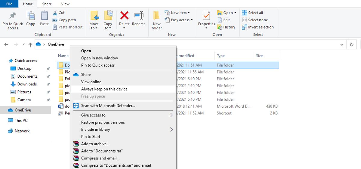 Opzioni del file OneDrive.