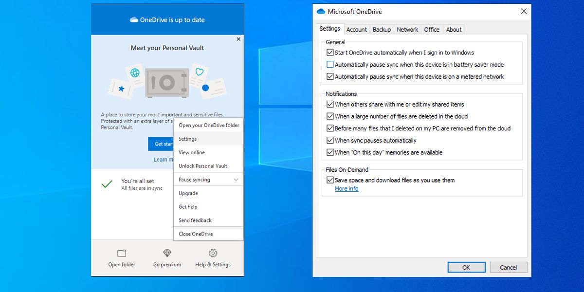Impostazioni di OneDrive in Windows 10.