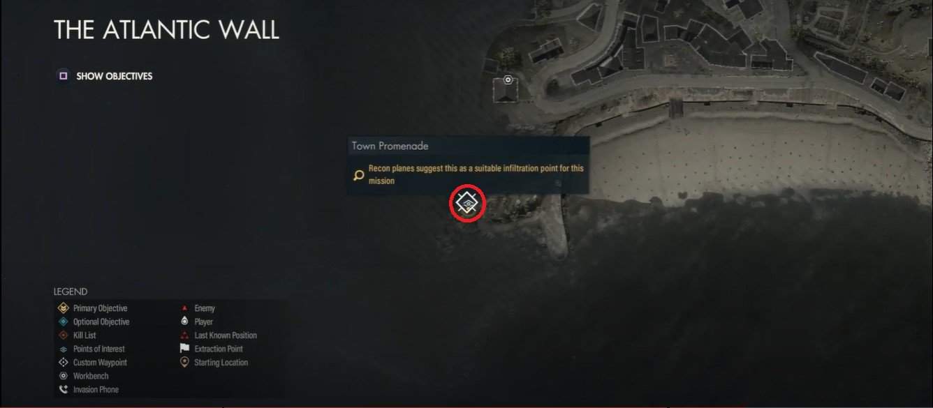 Sniper Elite 5 posizione di partenza del Lungomare cittadino