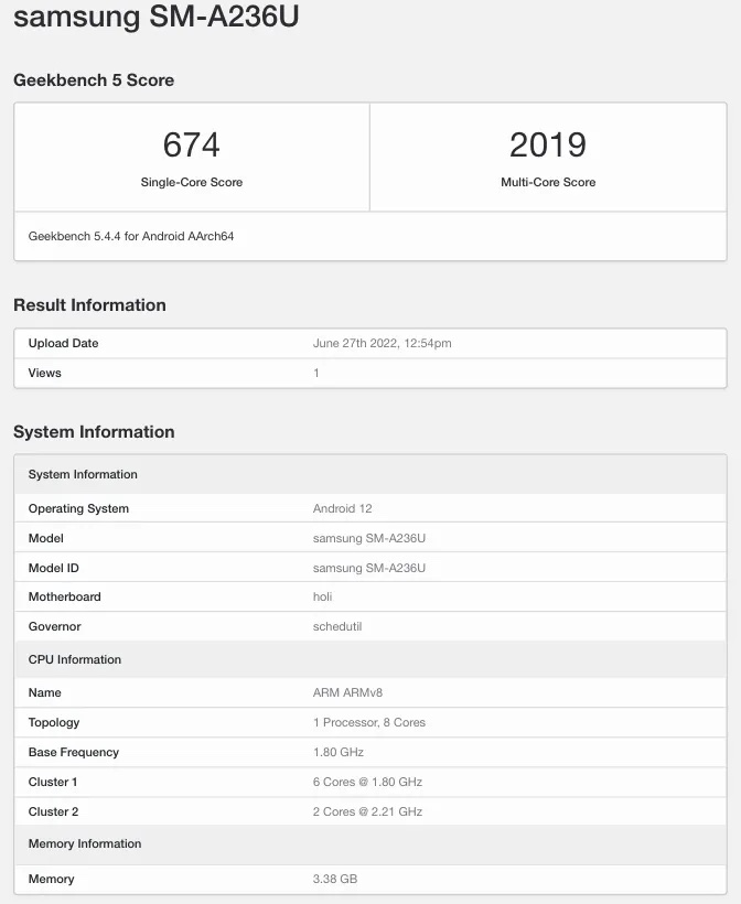 Samsung Galaxy A23 5G in GeekBench.