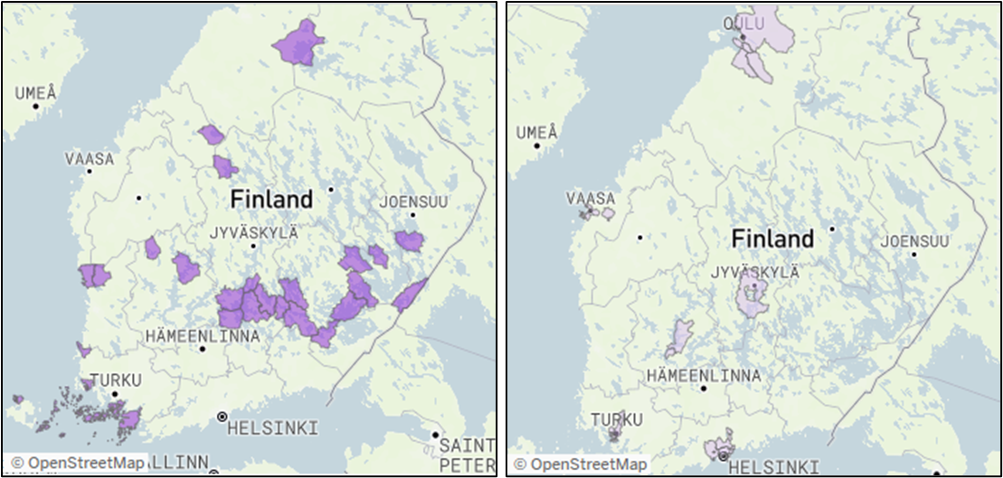 I dati di Telia rivelano: 160.000 persone in meno in Finlandia a metà estate rispetto allo scorso anno 1 Comuni segnati a sinistra con più di 2,0 persone in piena estate rispetto alla popolazione. A destra ci sono i comuni con meno di 0,7 abitanti rispetto alla popolazione di Mezza Estate. Foto: Telia.