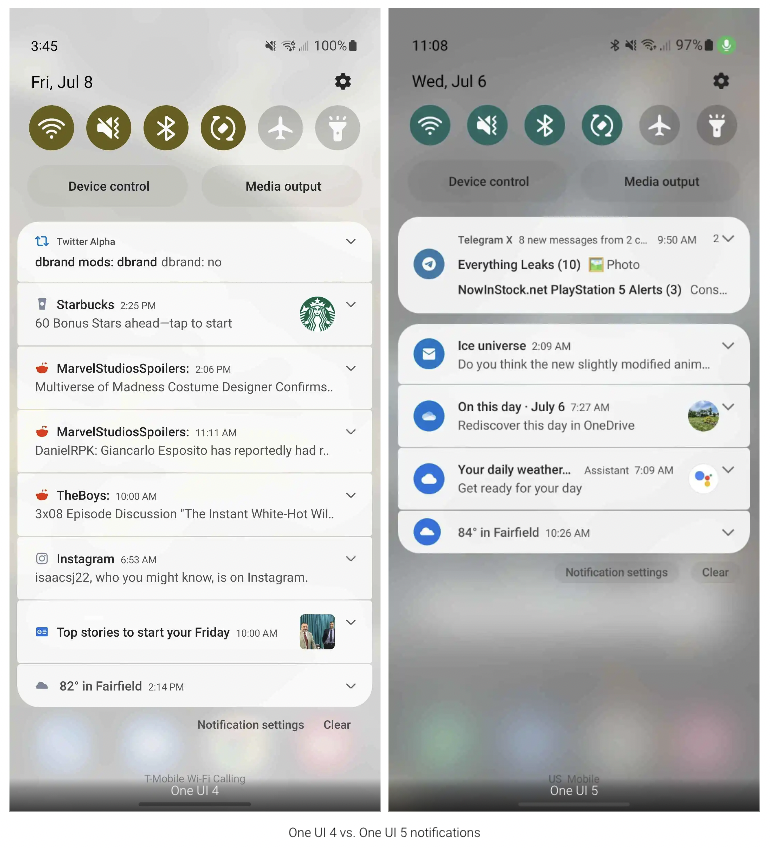 Visualizzazione delle notifiche a sinistra in One UI 4, a destra in One UI 5. Foto: 9to5Google.