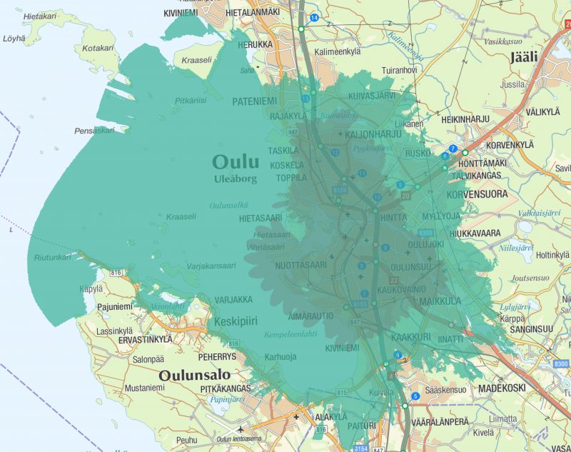 Aree di copertura 5G di Suomen Yhteisverkko a Oulu dopo l'espansione.